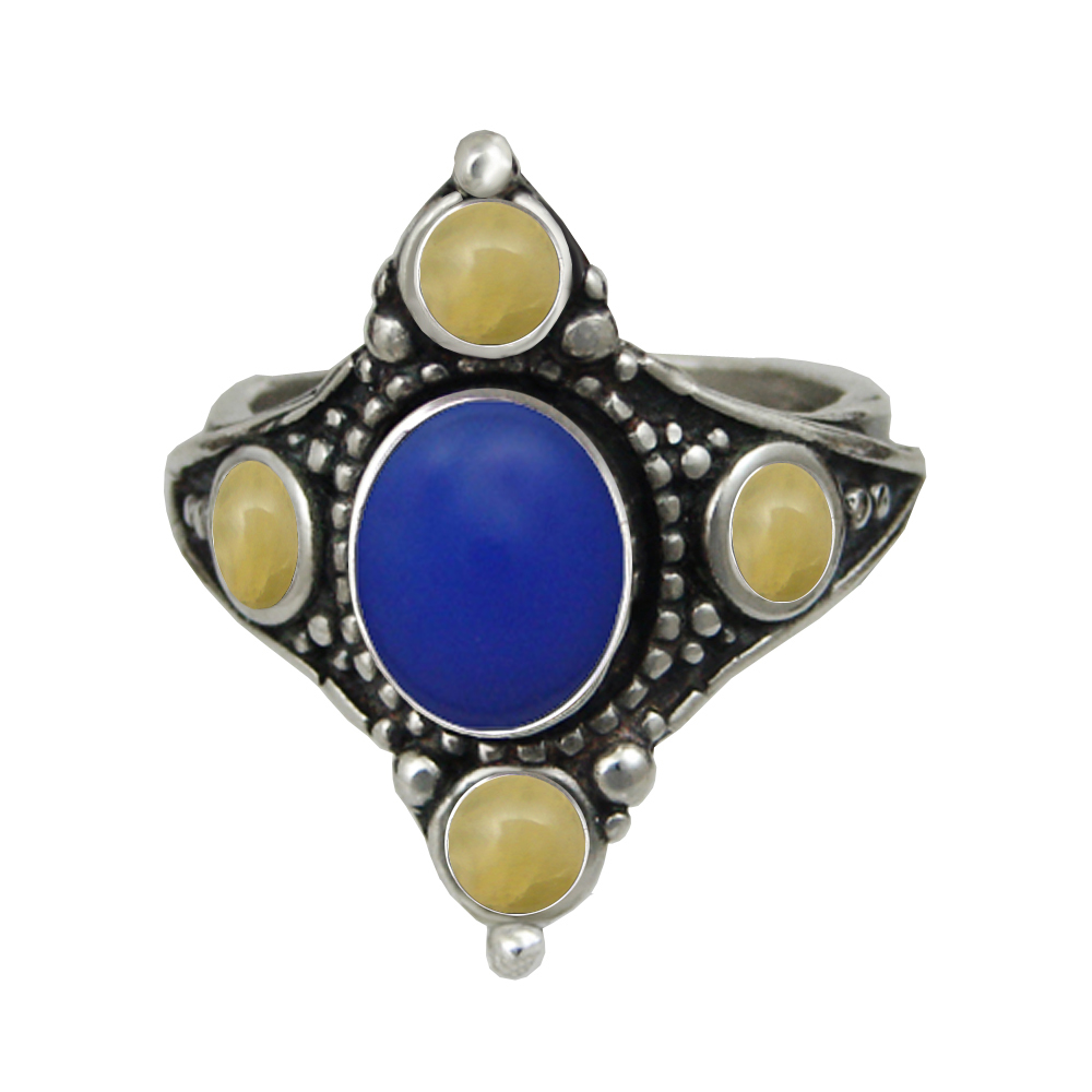 Sterling Silver Renaissance Queen's Ring With Blue Onyx And Yellow Aragonite Size 8
